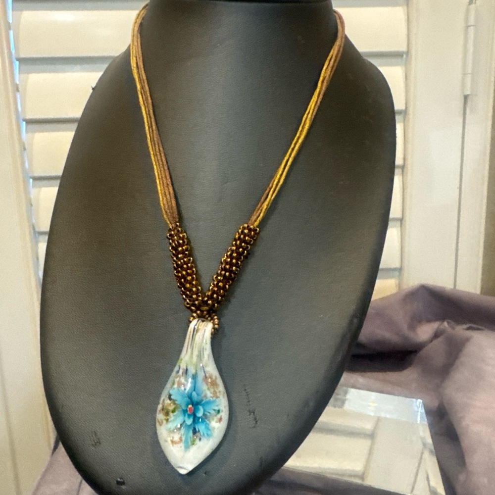Murano Flower Glass Pendant Necklace‎ with Brown Cord Adj